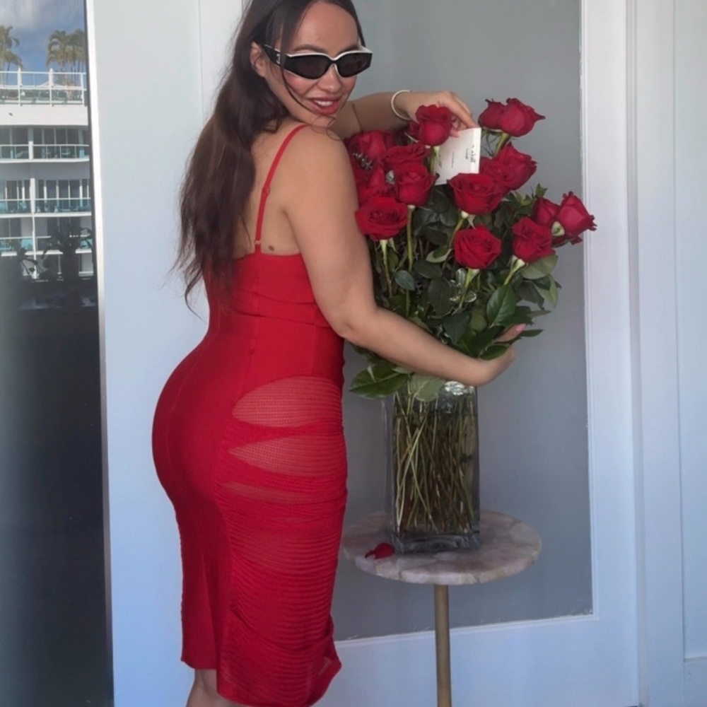 AKIRA Red Strappy Bodycon Midi Dress